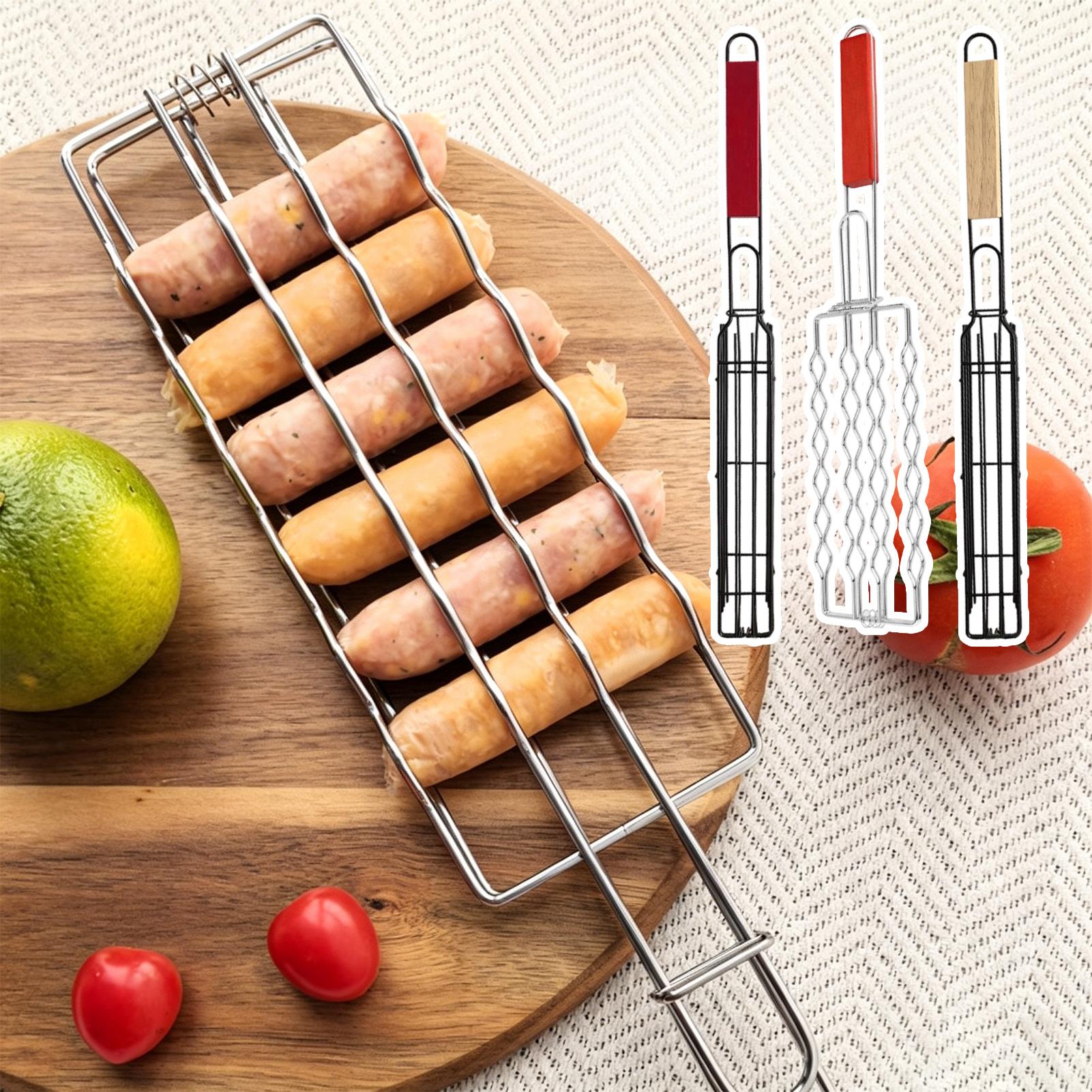 Home Cooking Business - 耐熱木製ハンドル付きBBQバスケット、ポータブルホットドッグソーセージグリルラック、家庭や屋外キャンプ料理に便利な用品