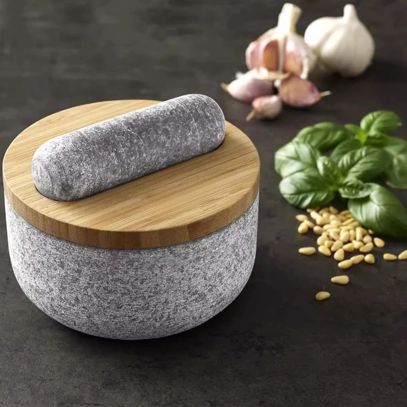 竹製の蓋付き花崗岩乳鉢、石臼、泥すり器、スパイスグラインダー - Mortar Pestle Granite のレビューと価格